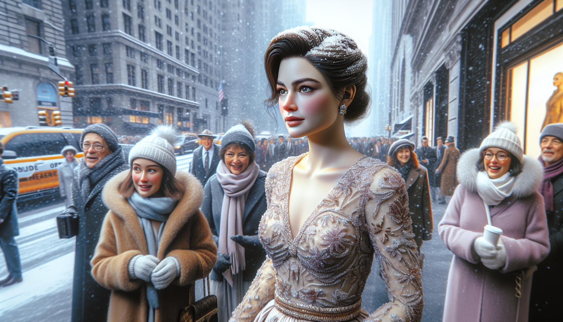 Anne Hathaway Turns Heads at Snowy Fashion Show